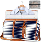 Foldable blue-and-white striped duffle bag with tan trim, zip top, and front handle straps