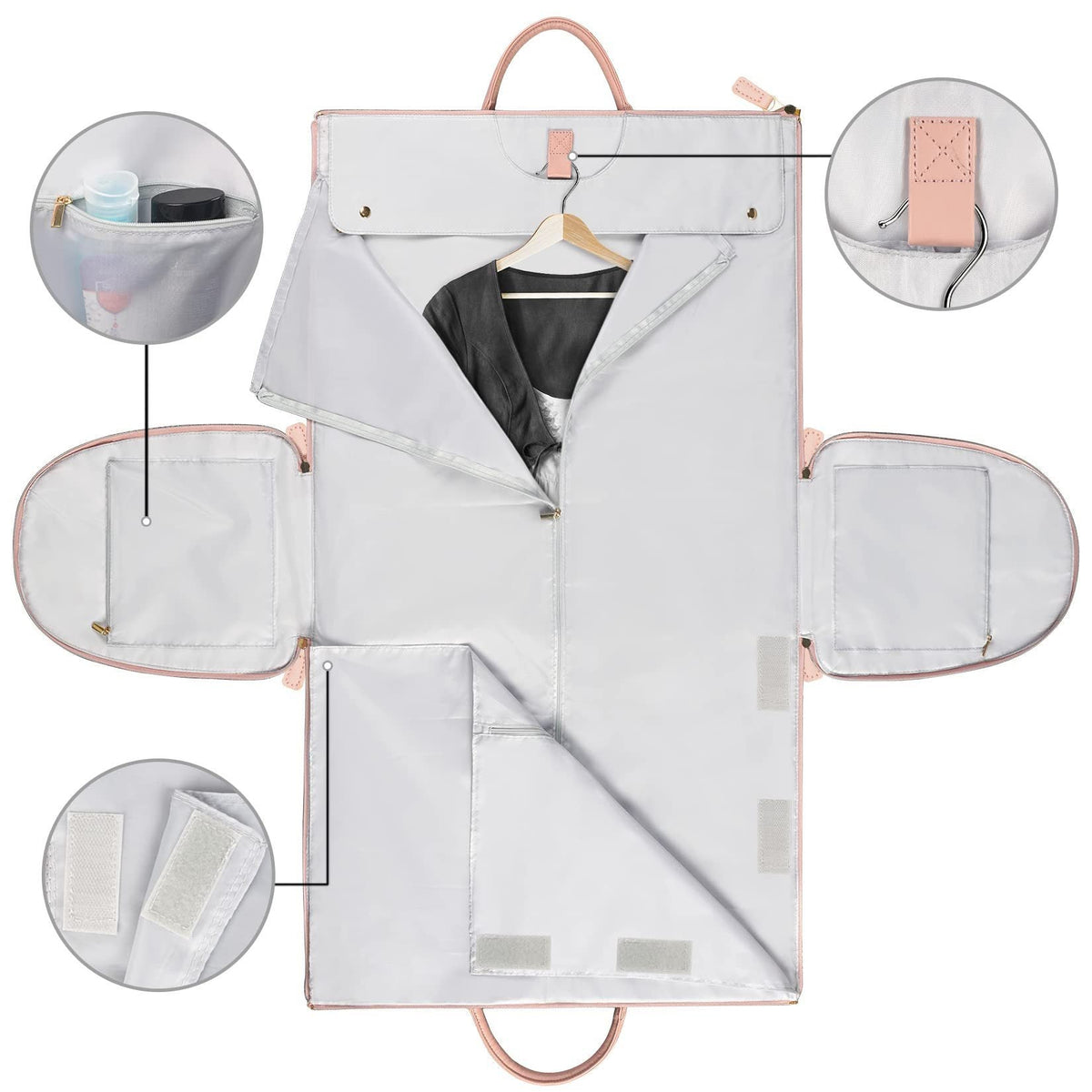 Foldable white duffle organizer bag with multiple compartments and a hanging hook panel