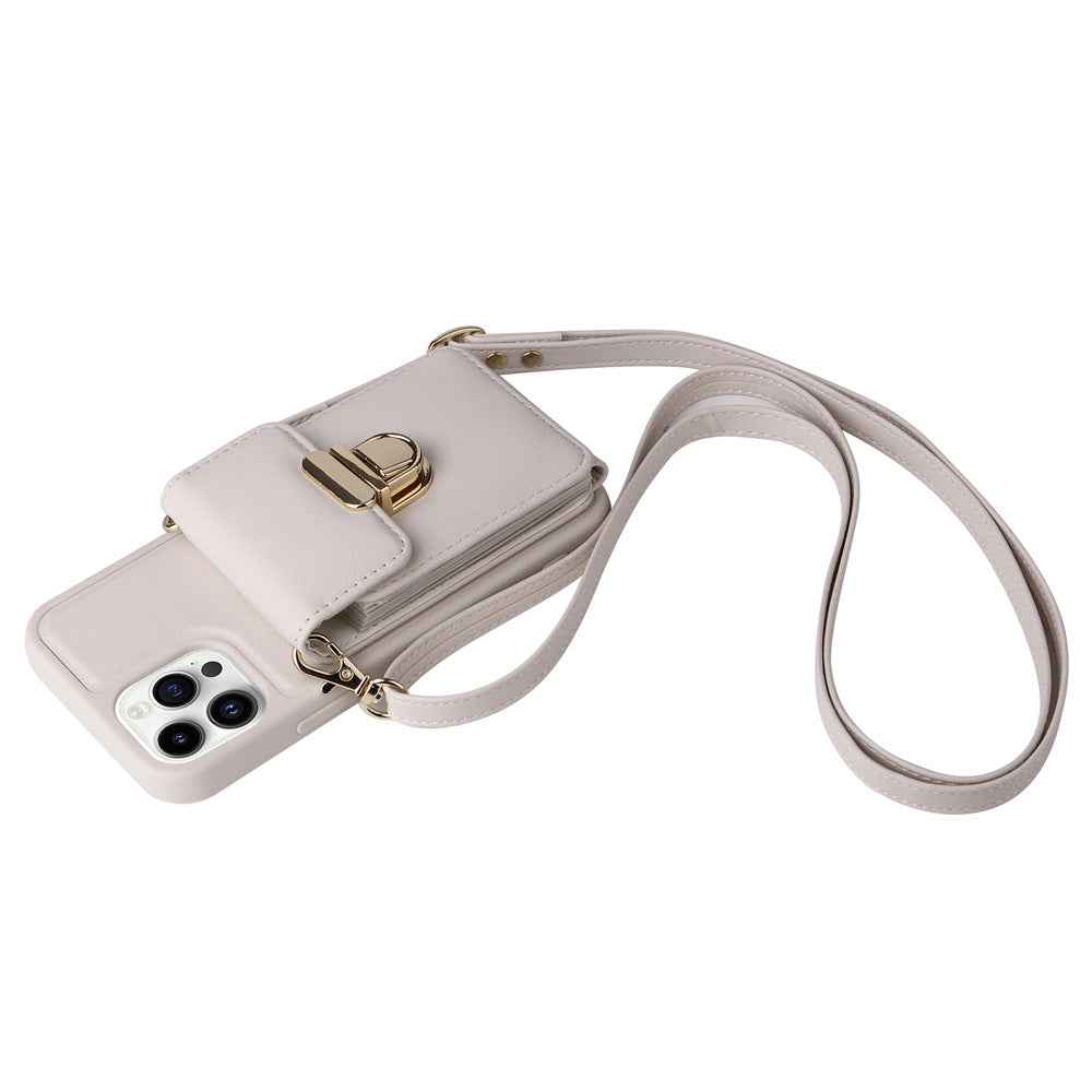 Women's phone wallet case with crossbody strap, front flap and gold-tone buckle
