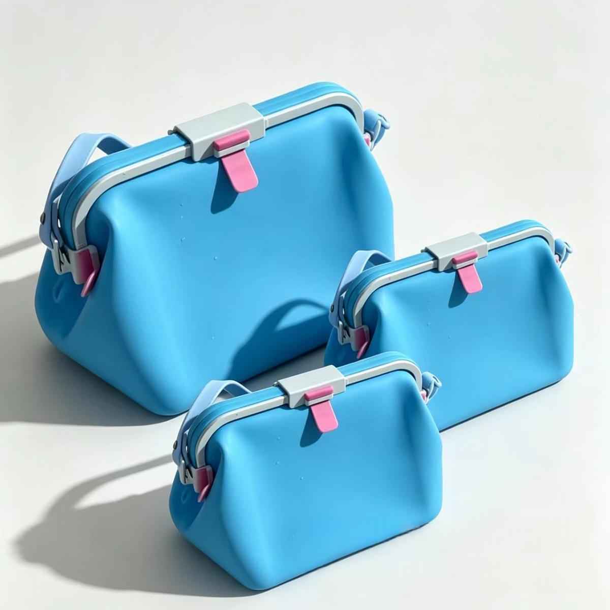 Waterproof silicone pouch set in blue with metal clasp, pink clips, and carry loop