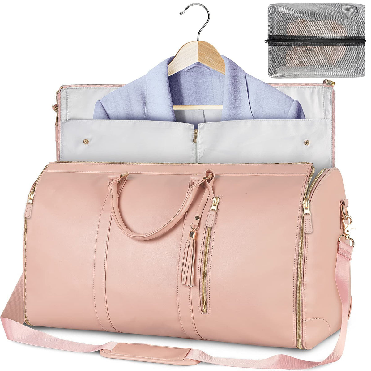 Foldable pink duffle bag with zip opening, front pocket, and quilted interior compartments