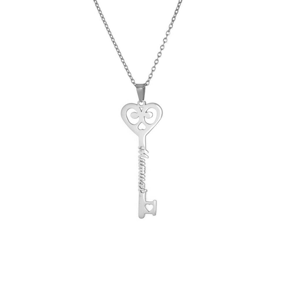 Silver key pendant necklace with heart-shaped key charm and engraved name