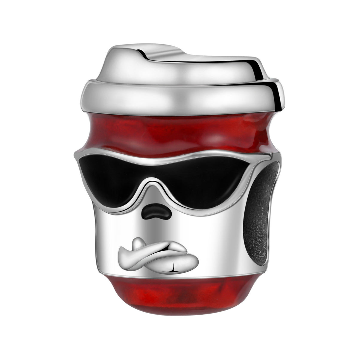 Sunglasses skull coffee cup charm bead pendant with red and black enamel, silver finish
