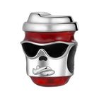Sunglasses skull coffee cup charm bead pendant with red and black enamel, silver finish