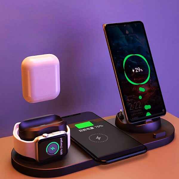 6-in-1 wireless charging station with dark base holding phone, watch, and earbuds charging pods